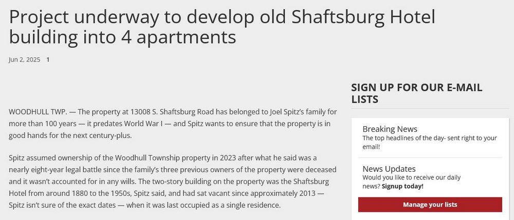 Shaftsburg - Article On Hotel Building (newer photo)